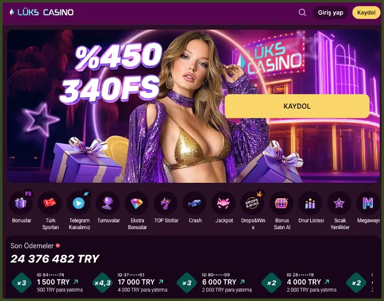 Yakın çekimde %450 340FS afişinin altındaki Son Ödemeler listesinde 17 000 TRY tutarı ve 4 000 TRY'lik bir para yatırma kartı görünüyor