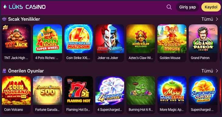 Slot lobisinde Sıcak Yenilikler ve Önerilen Oyunlar satırları art arda dizilmiş, her satırda oyun küçük resimleri kaydırılabilir şekilde sıralanıyor