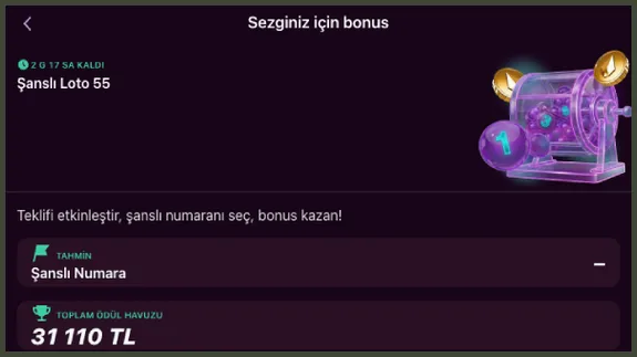 Şanslı Loto sayfası Sezginiz için bonus sayfasındaki Şanslı Loto 55 kartında '2 G 17 SA KALDI' sayacı, Şanslı Numara alanı ve 31 110 TL toplam ödül havuzu var
