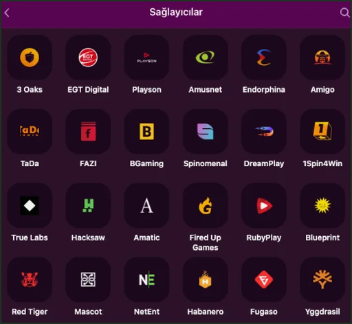 Sağlayıcılar sayfası altı sütuna bölünmüş; üst sırada 3 Oaks, EGT Digital ve Playson, dördüncü sırada Red Tiger, Mascot, NetEnt, Habanero ve Fugaso görünüyor