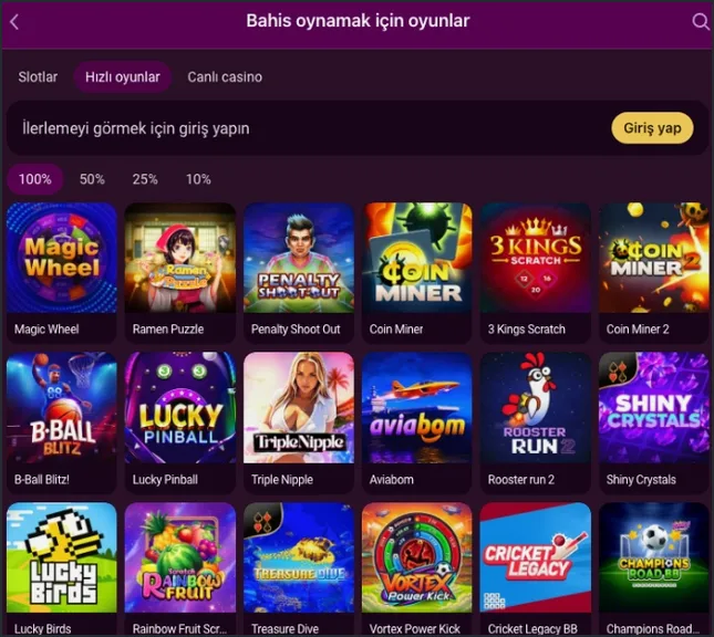Hızlı oyunlar sekmesi Hızlı oyunlar sekmesi açıkken Magic Wheel, Ramen Puzzle, Penalty Shoot Out ve Coin Miner kapakları, üstte 'İlerlemeyi görmek için giriş yapın' uyarısı çıkıyor