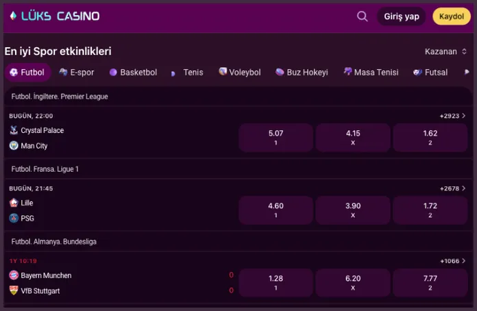 En iyi Spor etkinlikleri bölümünde Futbol sekmesi seçili; Lille - PSG ile Bayern Munchen - VfB Stuttgart maçları 1, X, 2 oranlarıyla listelenmiş