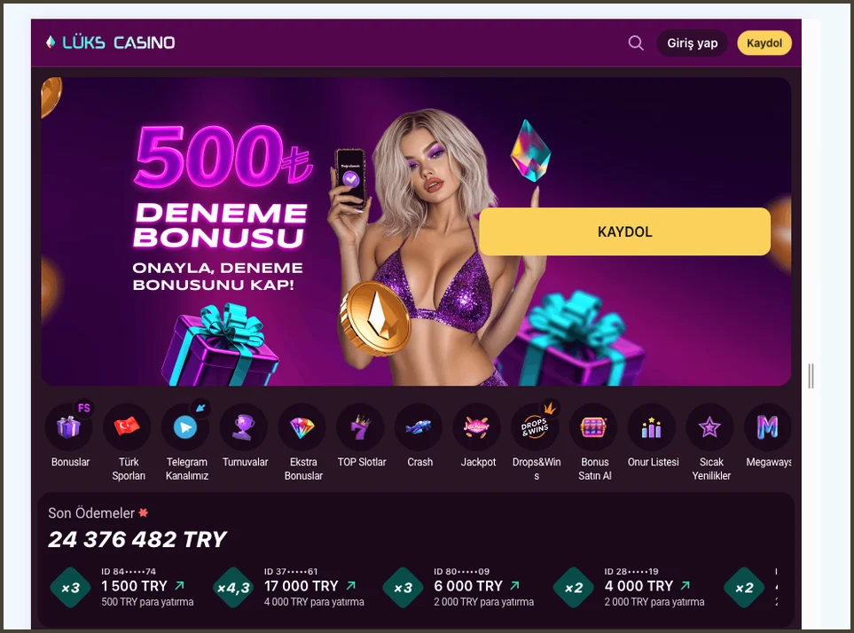 Deneme bonusu ve ödemeler Tarayıcı çerçevesindeki ana sayfada 500₺ deneme bonusu afişi, kısayol satırı ve Son Ödemeler altında 6 000 TRY'lik kart görünüyor