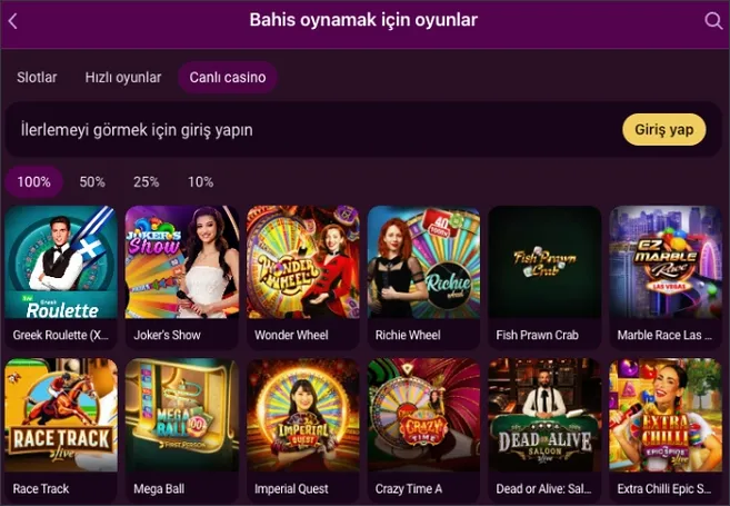 Bahis oynamak için oyunlar ekranında Canlı casino sekmesi seçili; Greek Roulette, Joker's Show, Wonder Wheel, Richie Wheel ve Mega Ball gibi masalar listeleniyor