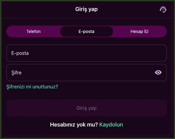 E-posta ile giriş Giriş yap formunun sık kesitinde E-posta sekmesi seçili, Şifre alanı, soluk Giriş yap düğmesi ve 'Hesabınız yok mu? Kaydolun' bağlantısı görünüyor