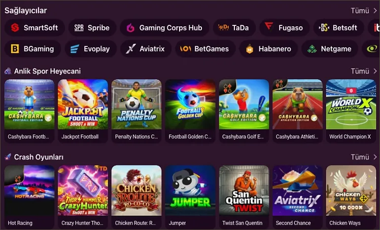 Spor ve crash satırları SmartSoft, Spribe, TaDa, Fugaso ve Betsoft sağlayıcı çipleri üstte, altında Anlık Spor Heyecanı ile Crash Oyunları satırları Cashbara Football ve Hot Racing'i gösteriyor