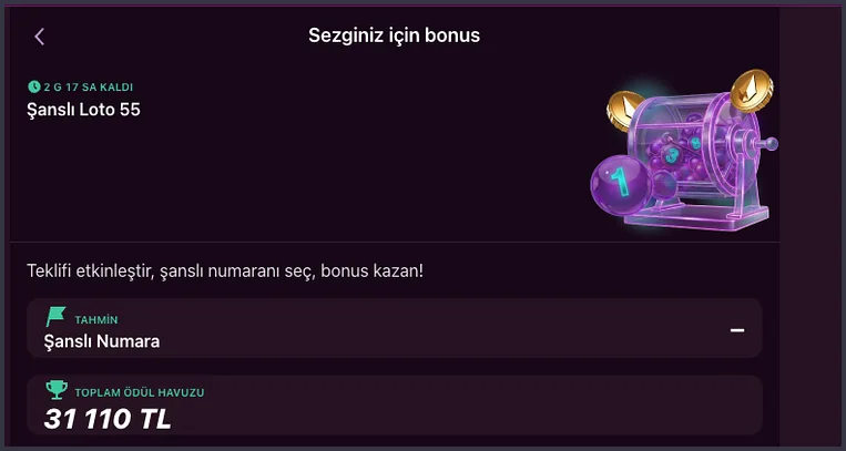 Loto teklifi kesiti Şanslı Loto 55 teklifinin geniş kesitinde sağda piyango tamburu çizimi, solda 'Teklifi etkinleştir, şanslı numaranı seç, bonus kazan!' yazısı okunuyor