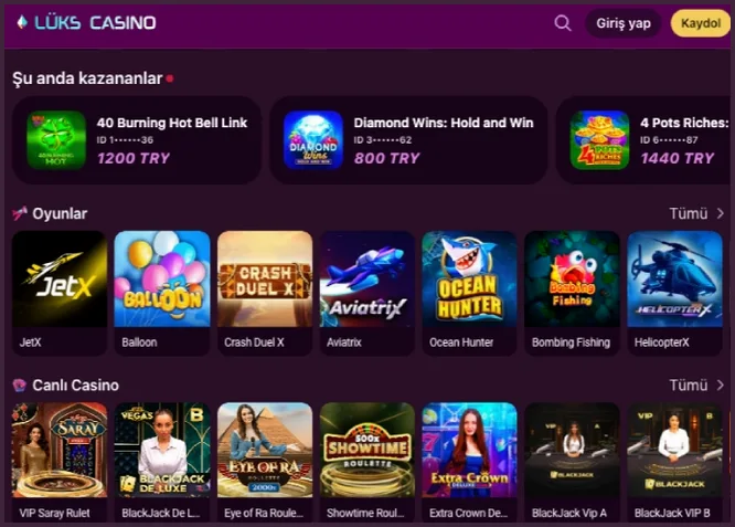 Oyun lobisi Oyun lobisinde Şu anda kazananlar şeridi 1200, 800 ve 1440 TRY gösteriyor; altında JetX, Balloon ve Aviatrix'li Oyunlar satırı ile Canlı Casino satırı geliyor