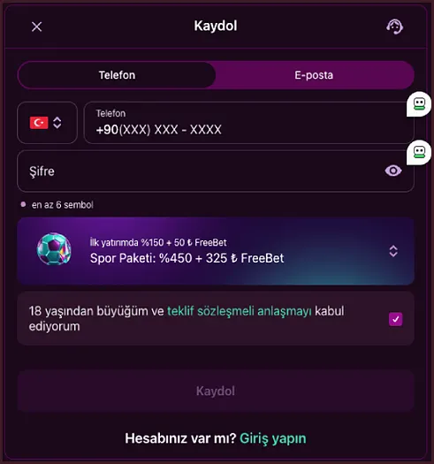 Kayıt formu yakın çekim Kaydol formunun yakın çekiminde Türk bayraklı ülke seçici, +90(XXX) XXX - XXXX telefon alanı, Spor Paketi satırı ve kayıt düğmesi sıralanıyor