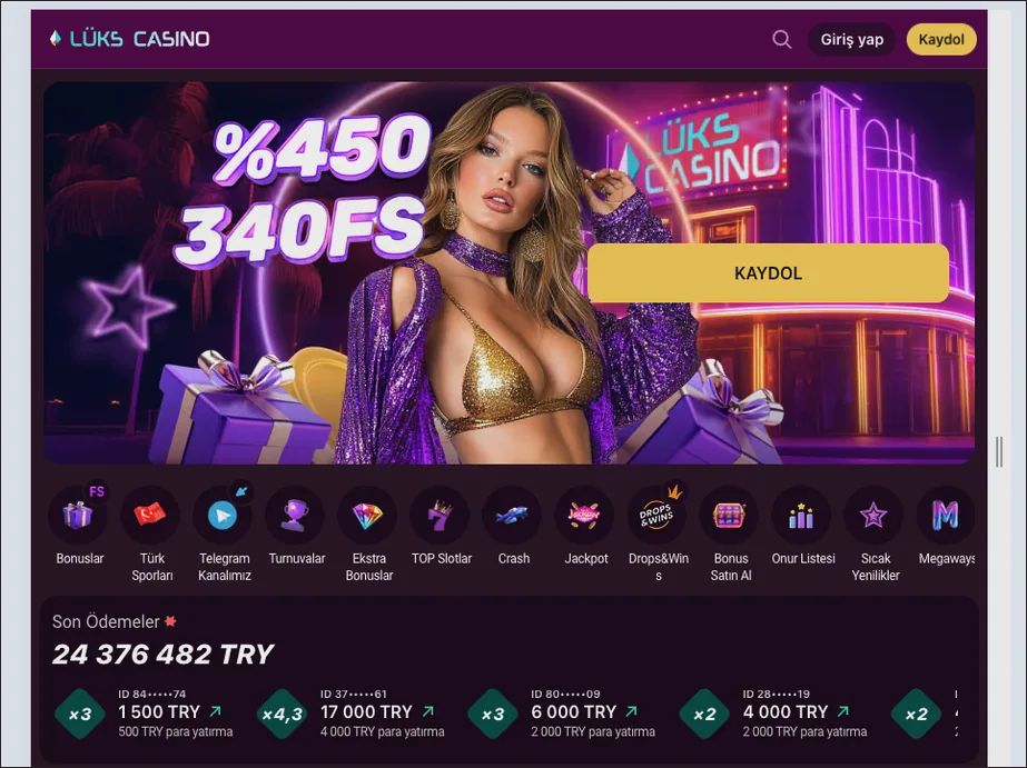 Son ödemeler paneli Geniş ana sayfa kesitinde %450 340FS afişi, kısayol satırı ve 24 376 482 TRY toplamı ile 1 500 TRY kartı gösteren Son Ödemeler paneli bulunuyor