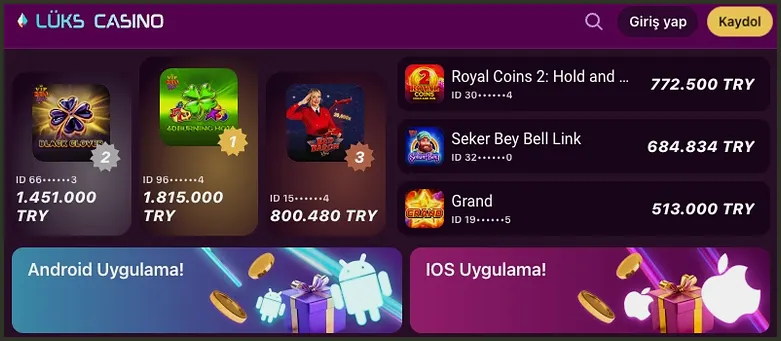 Kazananlar ve uygulama En çok kazananlar sıralamasında 1.815.000, 1.451.000 ve 800.480 TRY'lik podyum, altında 772.500, 684.834 ve 513.000 TRY listesi ile Android ve IOS Uygulama! afişleri var