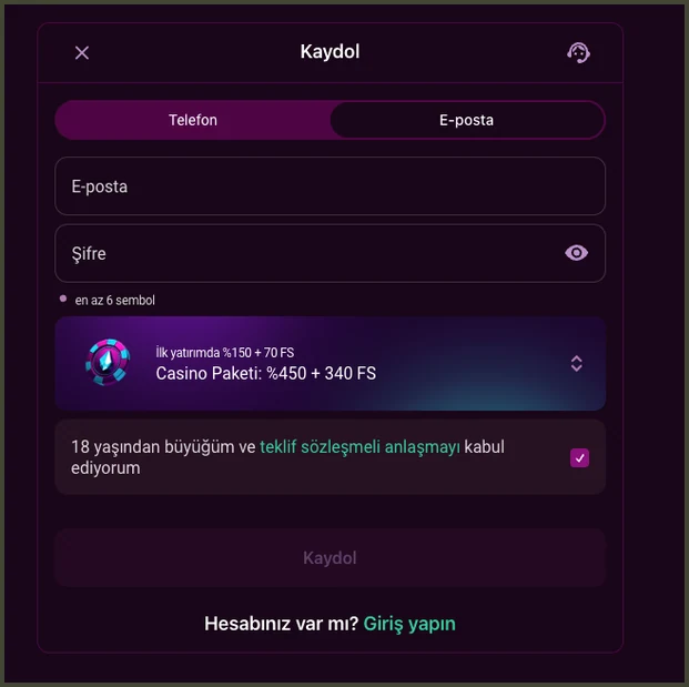 Casino paketi seçimi E-posta sekmesindeki kayıt formunda Casino paketi 450% + 340 FS seçilmiş durumda ve altta 18+ onay kutusu duruyor