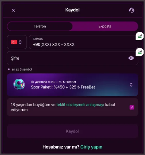 Spor paketli kayıt Telefon sekmesindeki Kaydol penceresinde Spor Paketi: %450 + 325 ₺ FreeBet seçili, 'İlk yatırımda %150 + 50 ₺ FreeBet' satırı ve işaretli koşullar kutusu görülüyor