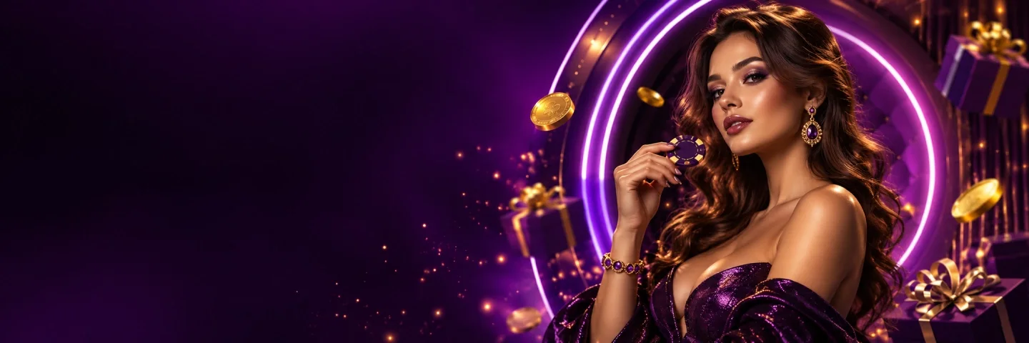 Lüks Casino banner görseli: dalgalı saçlı kadın, neon halkanın önünde mor bir casino fişi tutuyor; çevrede altın paralar ve hediye kutuları